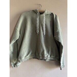 Aerie 100% Cotton Ribbed Cropped Green Hoodie Size Large Comfy Lounge Relaxed